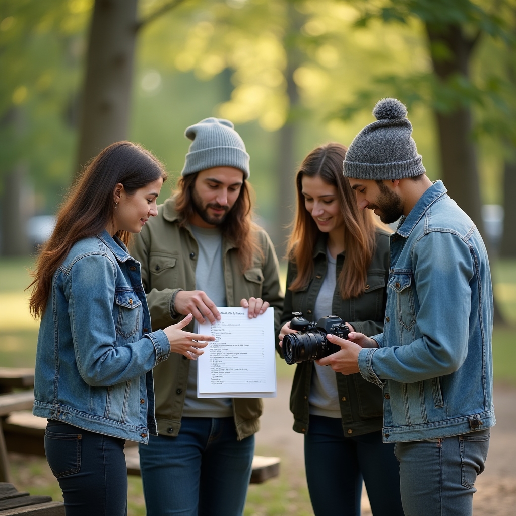 Small group of adult students meeting outdoors with cameras to review a weekly assignment together