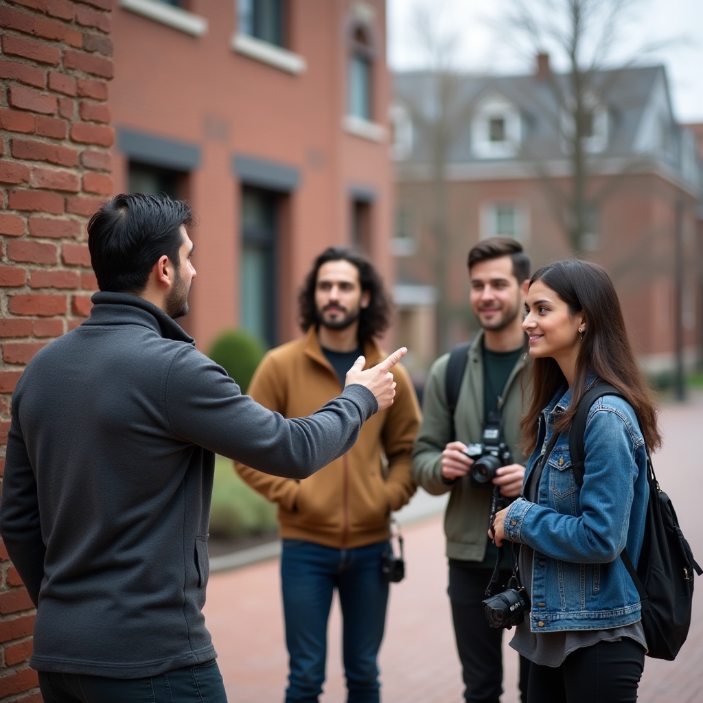 Instructor pointing out a framing detail to a small group of students during an outdoor composition lesson