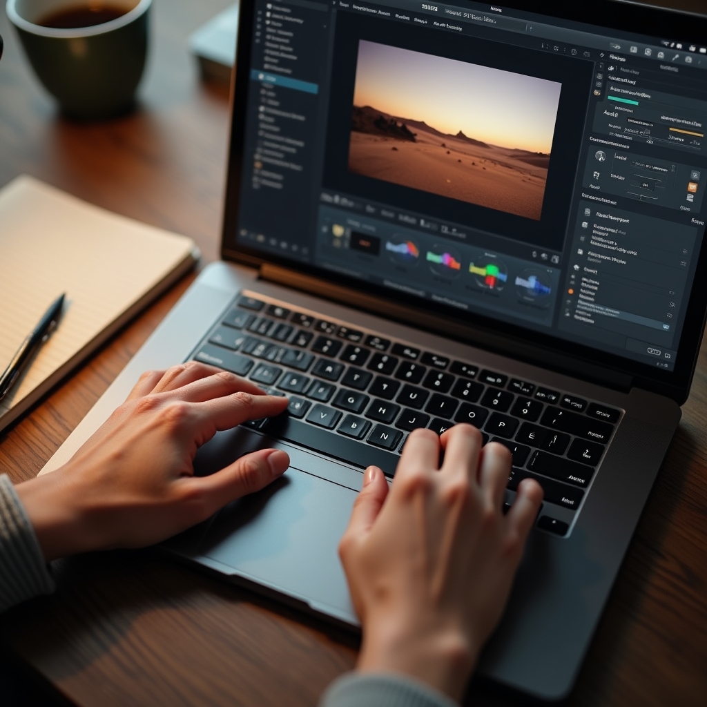 Close-up of hands editing a photograph on a laptop with exposure adjustment sliders visible on screen