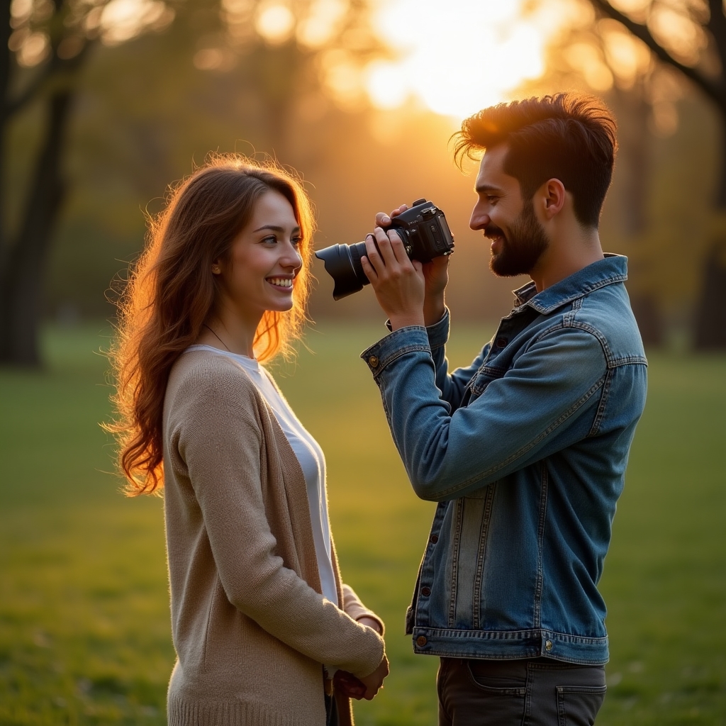 Two students practicing portrait photography together outdoors during golden hour light