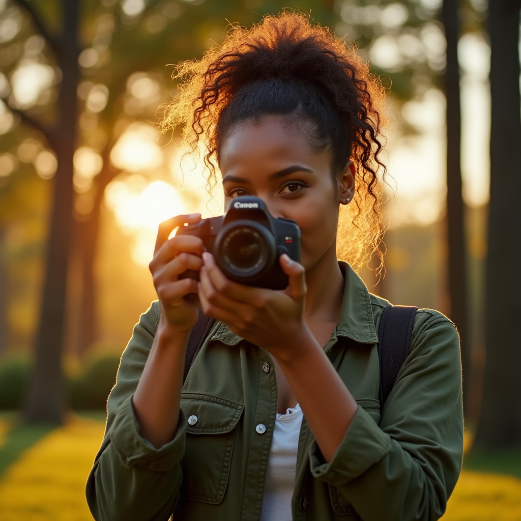 Beginner photographer adjusting camera settings outdoors during golden hour practice session