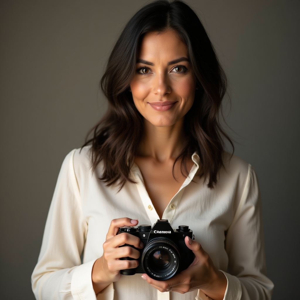 Portrait of the program's lead instructor holding a camera in a softly lit studio space