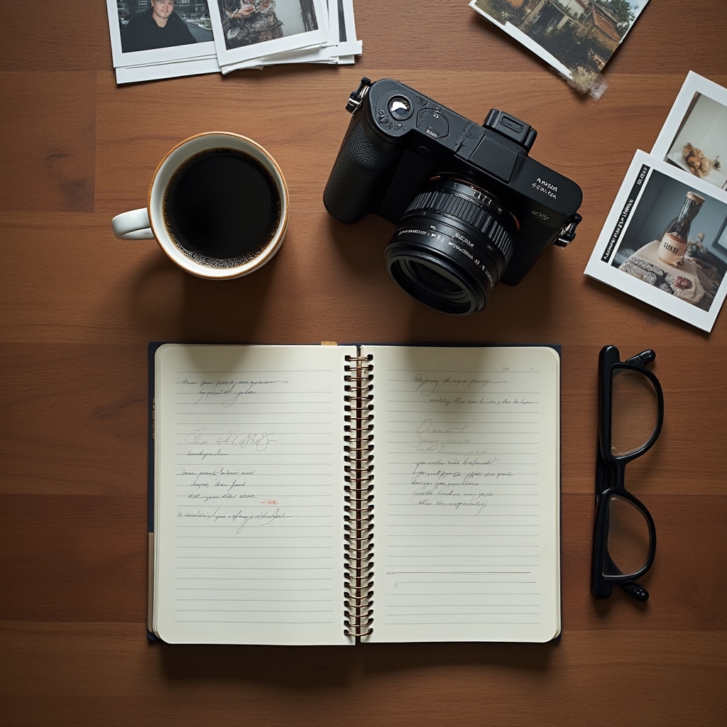 Flat lay of a camera, notebook, lens and coffee cup arranged on a wooden desk
