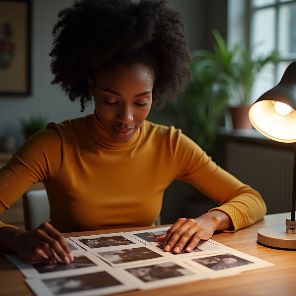 Student laying out a series of printed photographs on a desk to review progress over several weeks